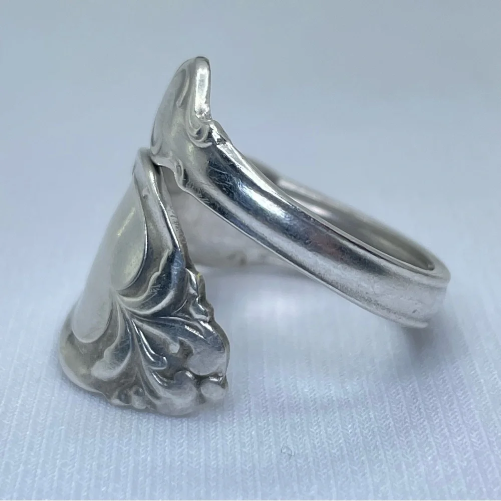 Vintage Spoon Stainless Steel Floral Scroll Wrap Ring Boho Modern Handmade Sz 7